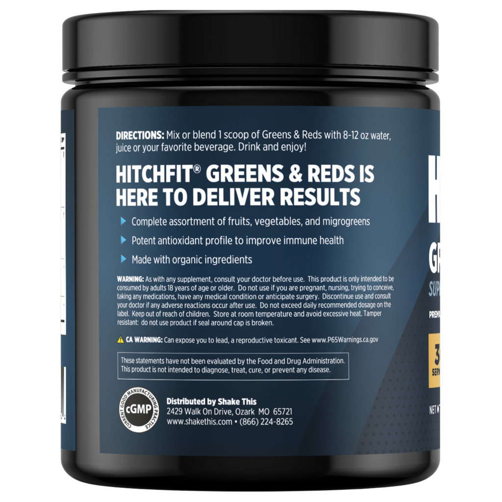 Side label of Hitch Fit daily greens powder showing usage directions and key benefits, formulated as the best greens supplement for athletes seeking immune support.