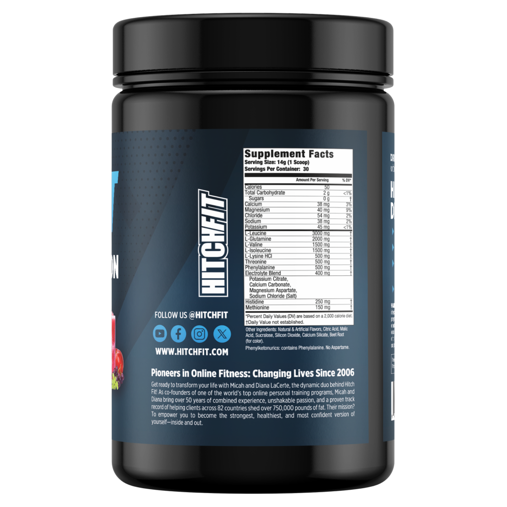 Supplement Facts and ingredients label for Hitch Fit Amino + Hydration, detailing 3000mg L-Leucine, L-Glutamine dosage, and zero sugar electrolyte blend