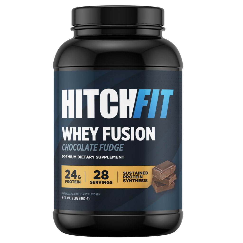 Hitch Fit Supplements Whey Fusion chocolate whey protein powder in Chocolate Fudge flavor, showing 24g protein per serving for muscle recovery