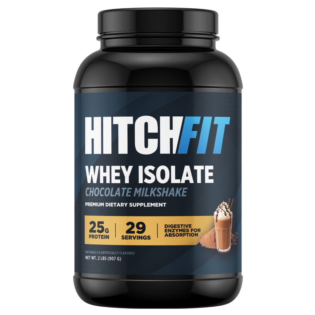 Hitch Fit Supplements Whey Isolate Protein Powder in Chocolate Milkshake flavor, showing 25g of protein per serving and digestive enzymes for absorption.