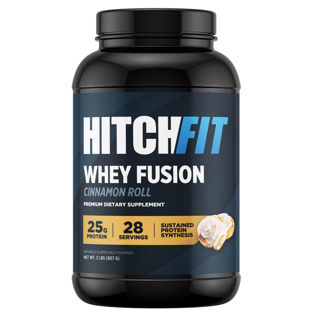 Front of Hitch Fit Supplements Whey Fusion cinnamon protein powder tub in Cinnamon Roll flavor, featuring 25g of sustained release protein per serving.