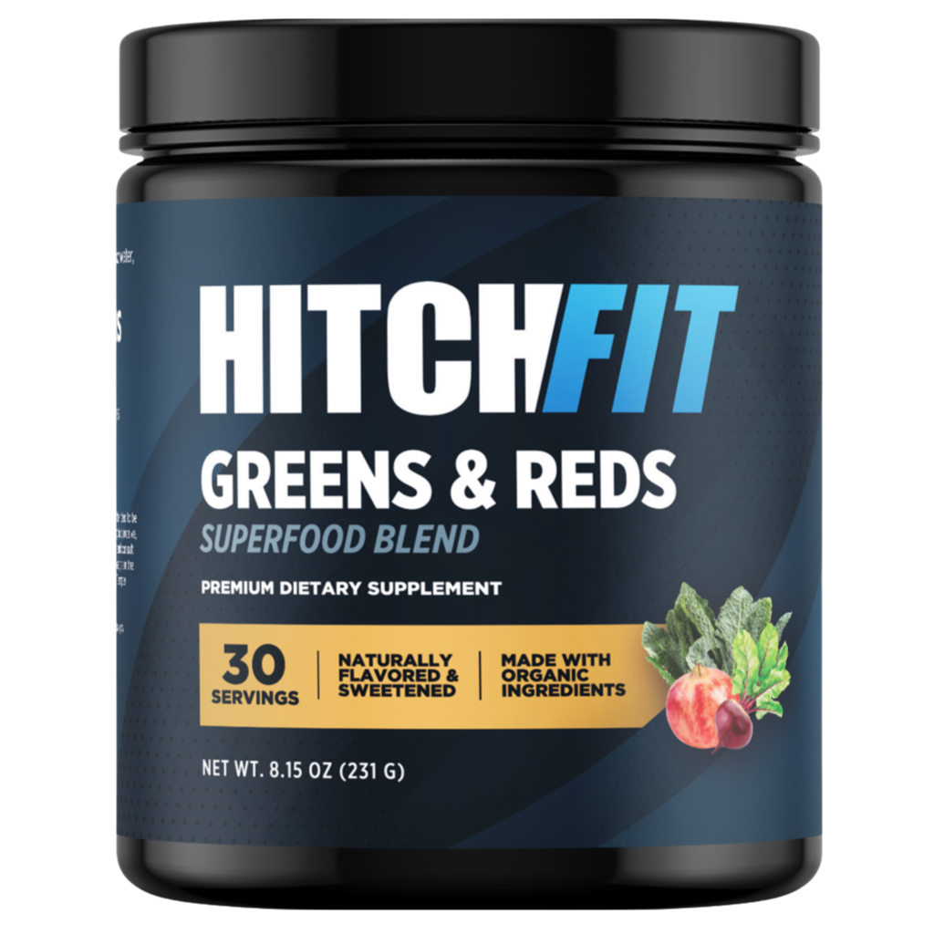 Front view of Hitch Fit Greens & Reds supplement jar, a super greens powder with 30 servings, naturally flavored and made with organic ingredients