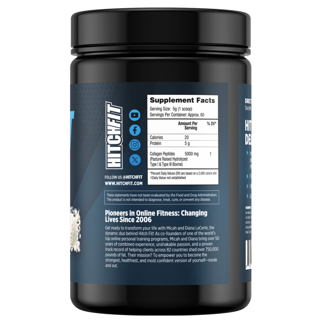 Supplement facts label on the back of a Hitch Fit Supplements Collagen container, showing 5000mg of Pasture Raised Hydrolyzed Type I & III Bovine Collagen per 5g serving, with 60 servings per container