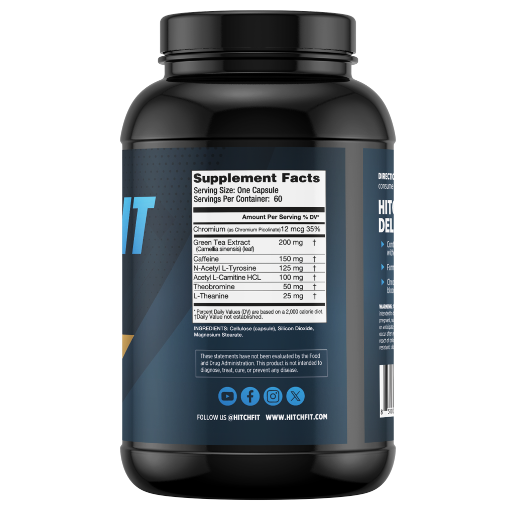Supplement Facts label for Hitch Fit Rocket Fuel fat burner capsules, showing 150mg Caffeine, Green Tea Extract, and L-Carnitine for metabolism support and energy.