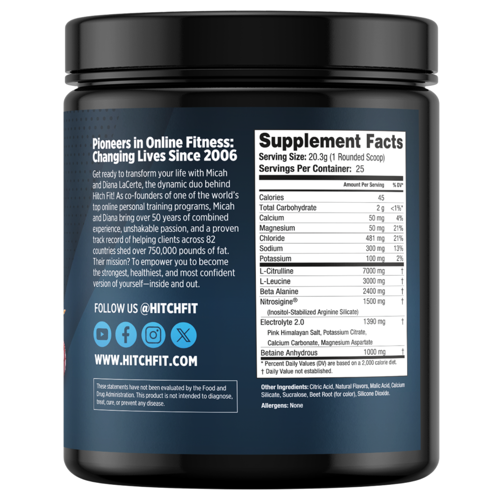Hitch Fit Supplements stim-free pre-workout supplement facts panel showing 7000mg L-Citrulline, 3000mg L-Leucine, and 1500mg Nitrosigine per serving.