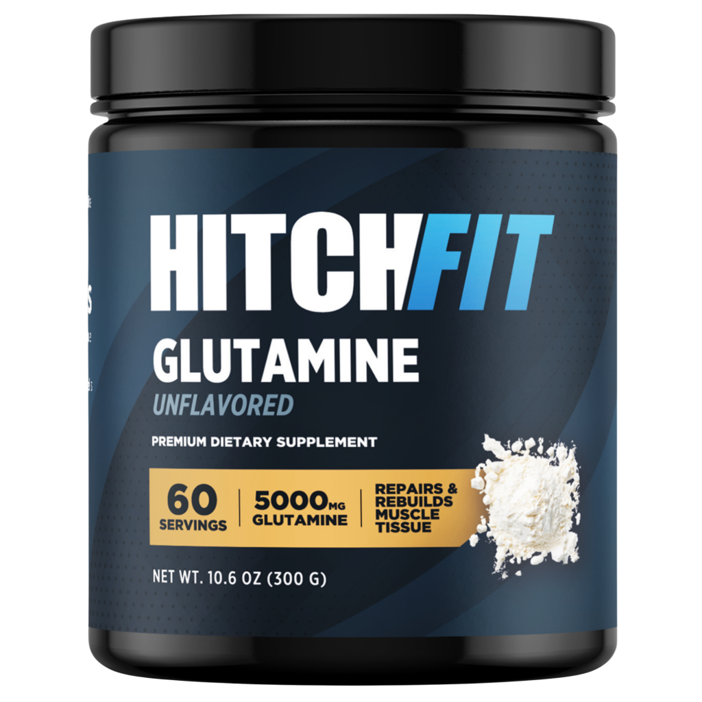 Hitch Fit supplements Unflavored L Glutamine Powder container showing 60 servings and 5000mg dosage to repair and rebuild muscle tissue