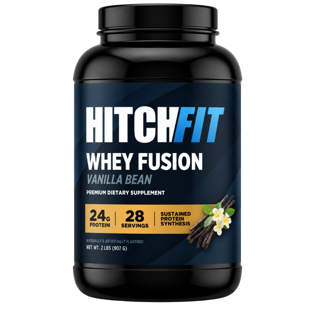 Hitch Fit Supplements Whey Fusion vanilla whey protein powder in Vanilla Bean flavor, displaying 28 servings count and 25g protein for muscle building.