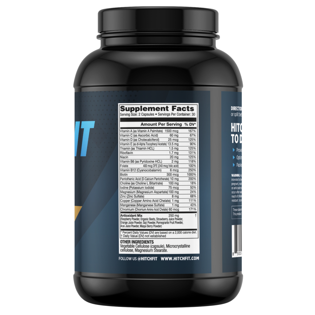 Supplement Facts label for Hitch Fit Mega Multi, displaying a complete vitamins and minerals supplement profile including Vitamin A, C, D, Zinc, and Antioxidant Mix.