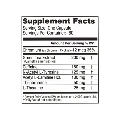 Supplement Facts label for Hitch Fit Rocket Fuel focus and energy capsules, listing ingredients including 150mg Caffeine, Green Tea Extract, and L-Theanine. Full nutritional panel for this daily energy supplement and natural energy booster