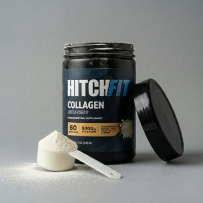 Hydrolyzed bovine collagen peptides supplement in an unflavored powder form with an open container and scoop showing collagen peptide powder