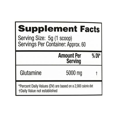 Supplement facts label showing unflavored L-glutamine powder supplement with 5,000 mg L-glutamine amino acid per scoop and approximately 60 servings per container