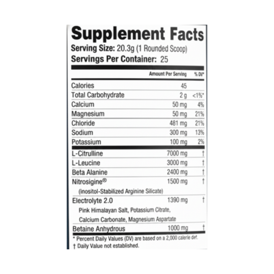 Supplement Facts label showing L-citrulline, beta alanine, leucine, electrolytes, and performance ingredients per serving