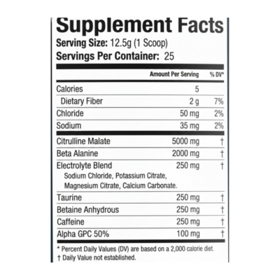 Pre workout supplement facts label showing ingredients, dosage, caffeine content, electrolytes, and muscle pump formula details