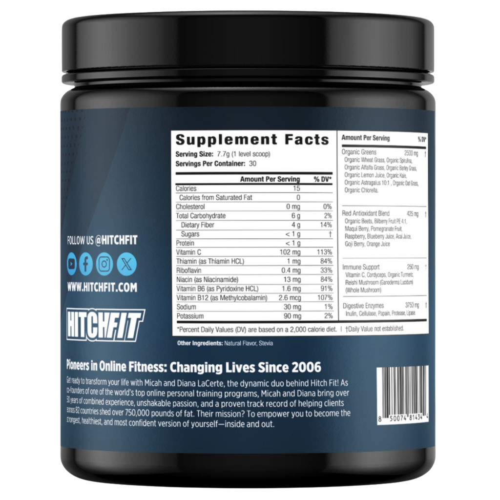 Supplement facts panel for Hitch Fit greens powder supplement, detailing the organic greens blend, red antioxidant blend, and digestive enzymes