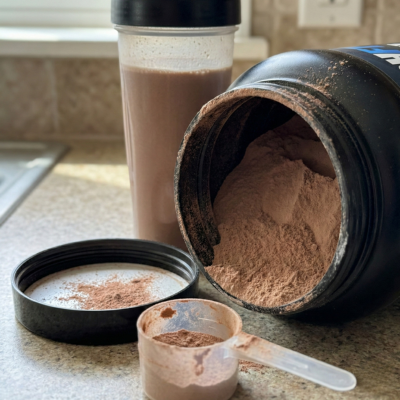 Open tub of Whey Fusion protein powder with scoop and chocolate whey protein shake, showing whey protein blend powder texture