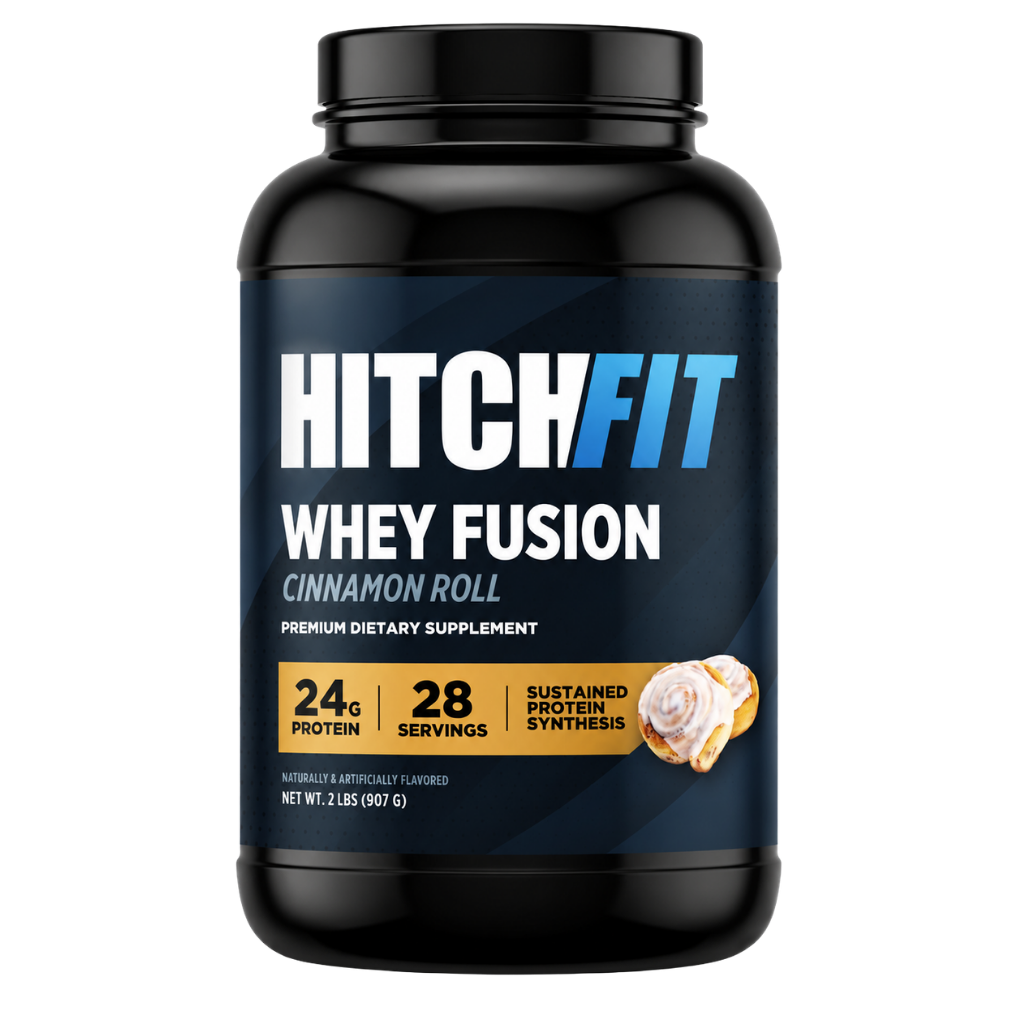 Hitch Fit Supplements Whey Fusion vanilla whey protein powder in Vanilla Bean flavor, showing 28 servings and 22-24g protein per serving.