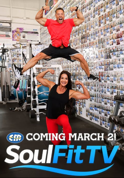 Promotional poster for SoulFit TV with two people posing in a gym setting.
