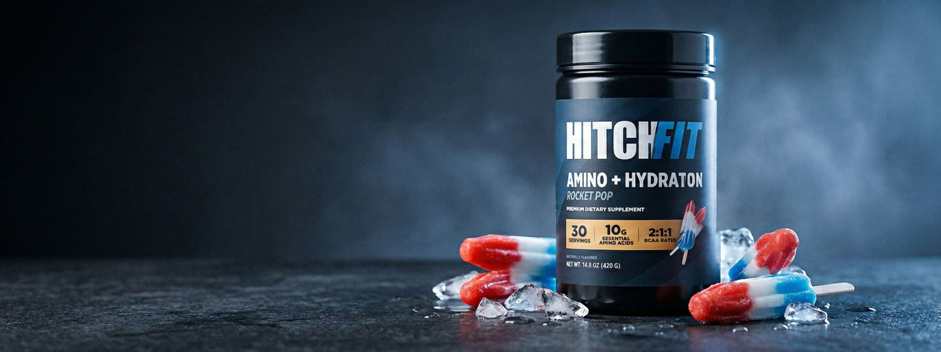 Hitch Fit Amino and Hydration Rocket Pop supplement designed to support workout recovery, hydration, and muscle performance with essential amino acids