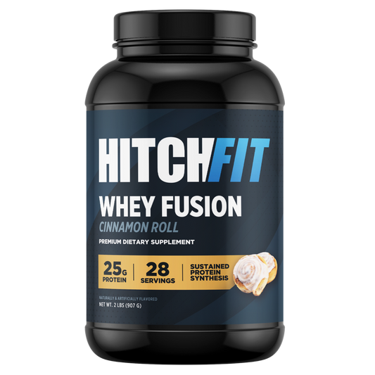 Front of Hitch Fit Supplements Whey Fusion cinnamon protein powder tub in Cinnamon Roll flavor, featuring 25g of sustained release protein per serving.
