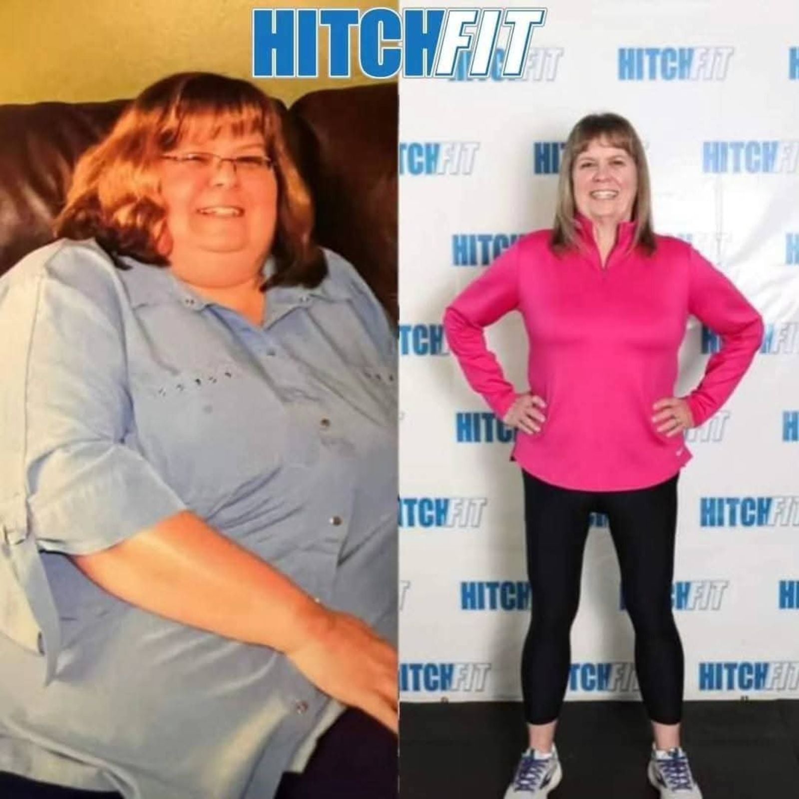 Female weight loss transformation before and after showing improved fitness and confidence through structured training and Hitch Fit fitness program
