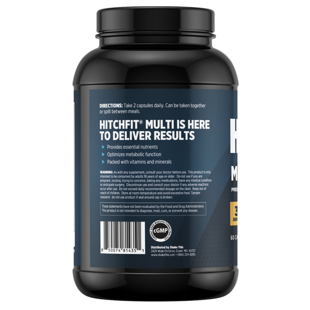Side label of Hitch Fit Supplements bottle highlighting essential nutrients multivitamin benefits, directions for use, and GMP manufacturing certification.