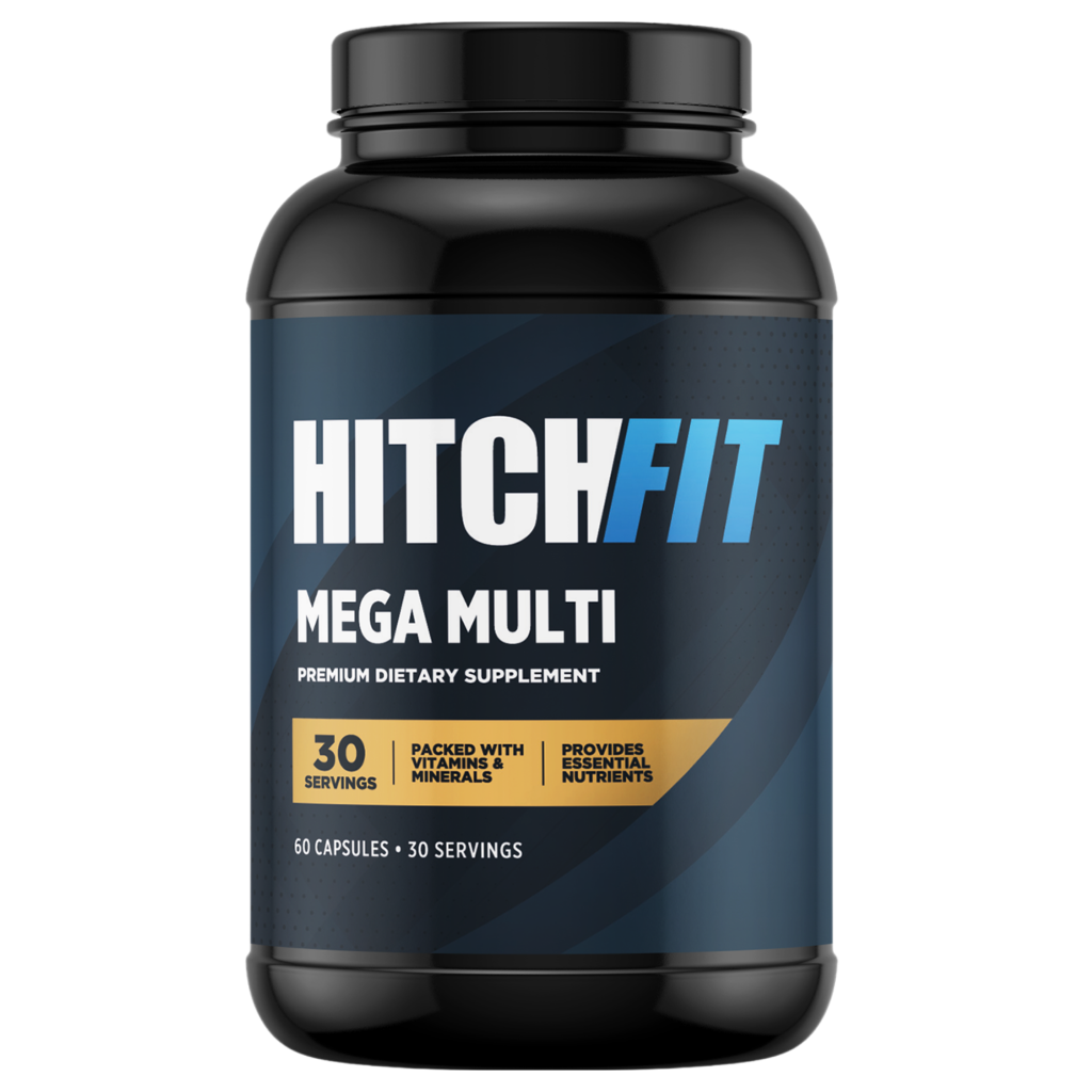 Front view of a Hitch Fit Mega Multi bottle, a premium daily multivitamin supplement containing 30 servings of multivitamin capsules for active adults.