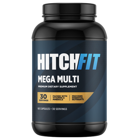 Front view of a Hitch Fit Mega Multi bottle, a premium daily multivitamin supplement containing 30 servings of multivitamin capsules for active adults.