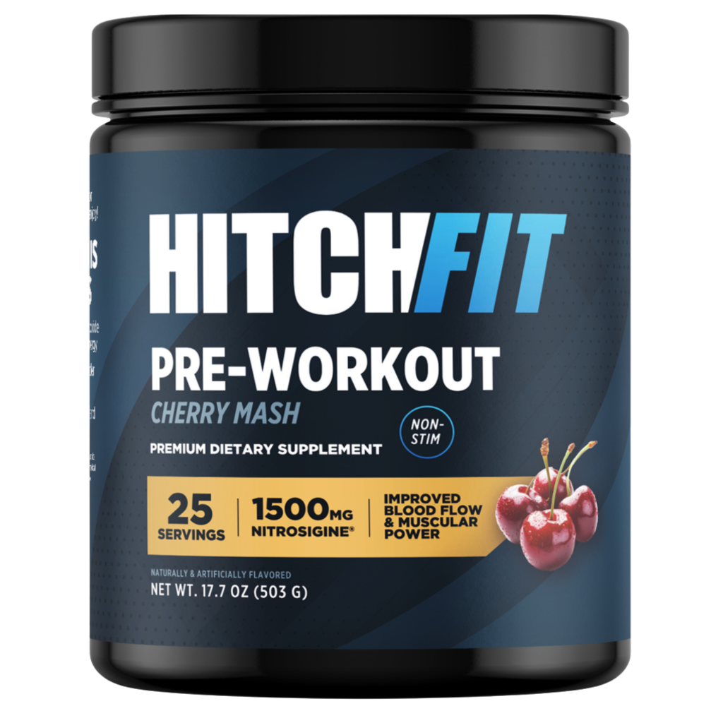 Front view of Hitch Fit Supplements Cherry Mash stim-free pre-workout tub featuring non-stim badge, 25 servings count, and 1500mg Nitrosigine callout.