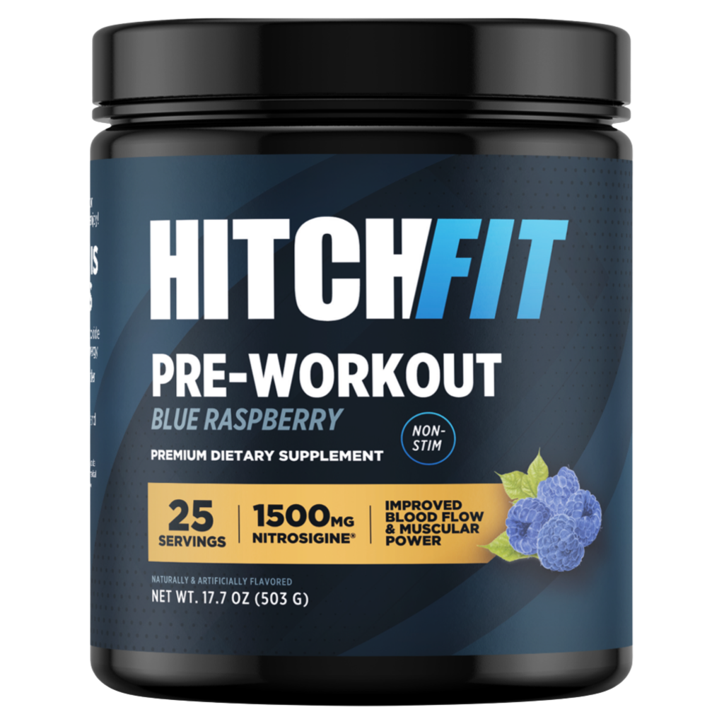 itch Fit Blue Raspberry non-stimulant pre-workout container displaying premium dietary supplement details for improved blood flow and muscular power without caffeine.