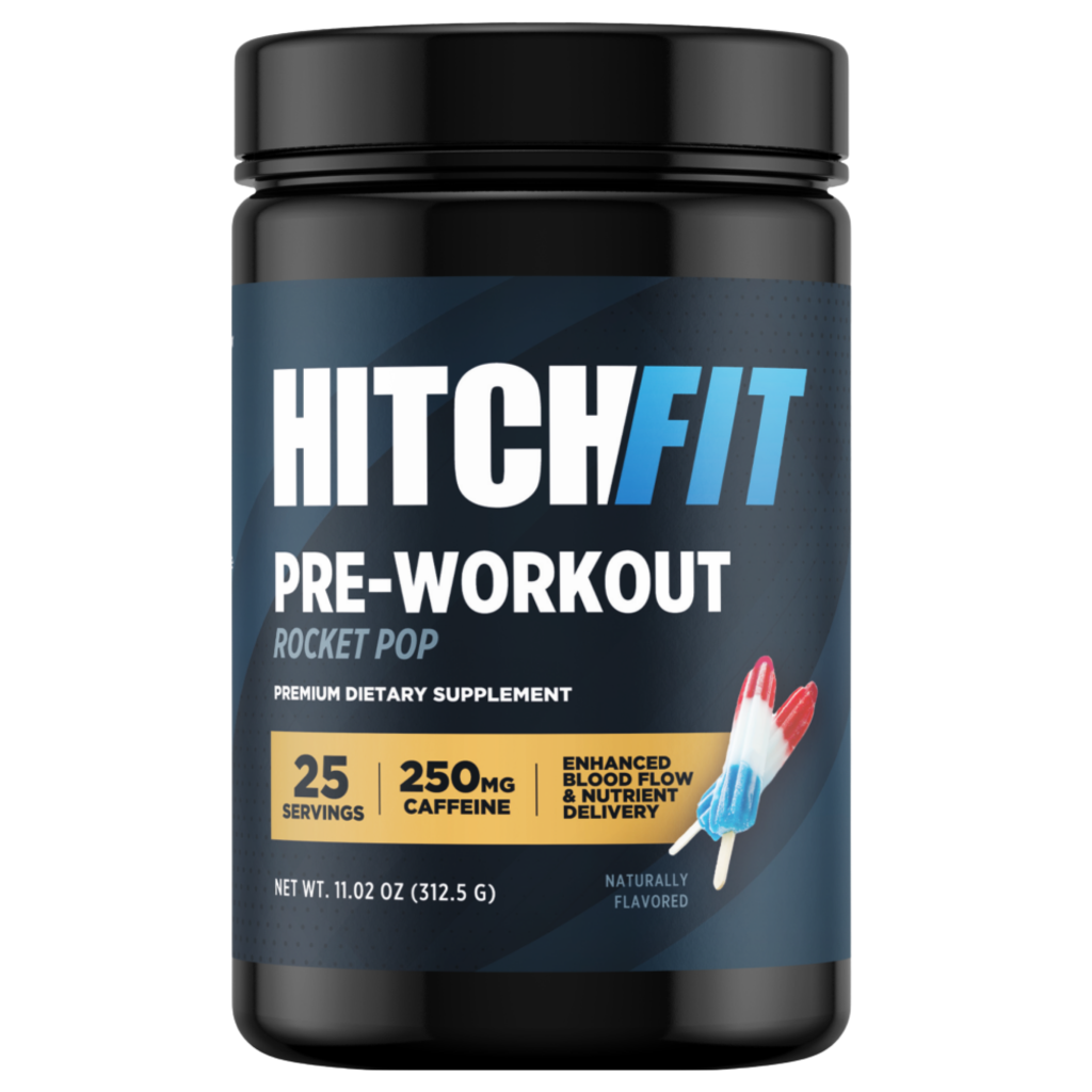 Hitch Fit Pre-Workout Dietary Supplement bottle in Rocket Pop flavor, formulated as a muscle pump supplement with 25 servings.
