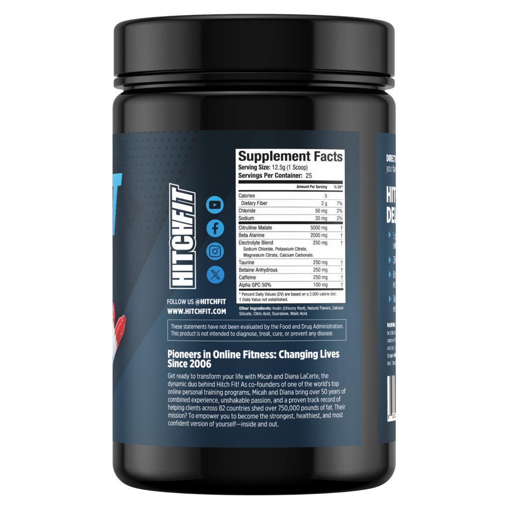 Full Supplement Facts panel for Hitch Fit Pre-Workout, listing dosages for Citrulline Malate, Beta Alanine, and Caffeine content