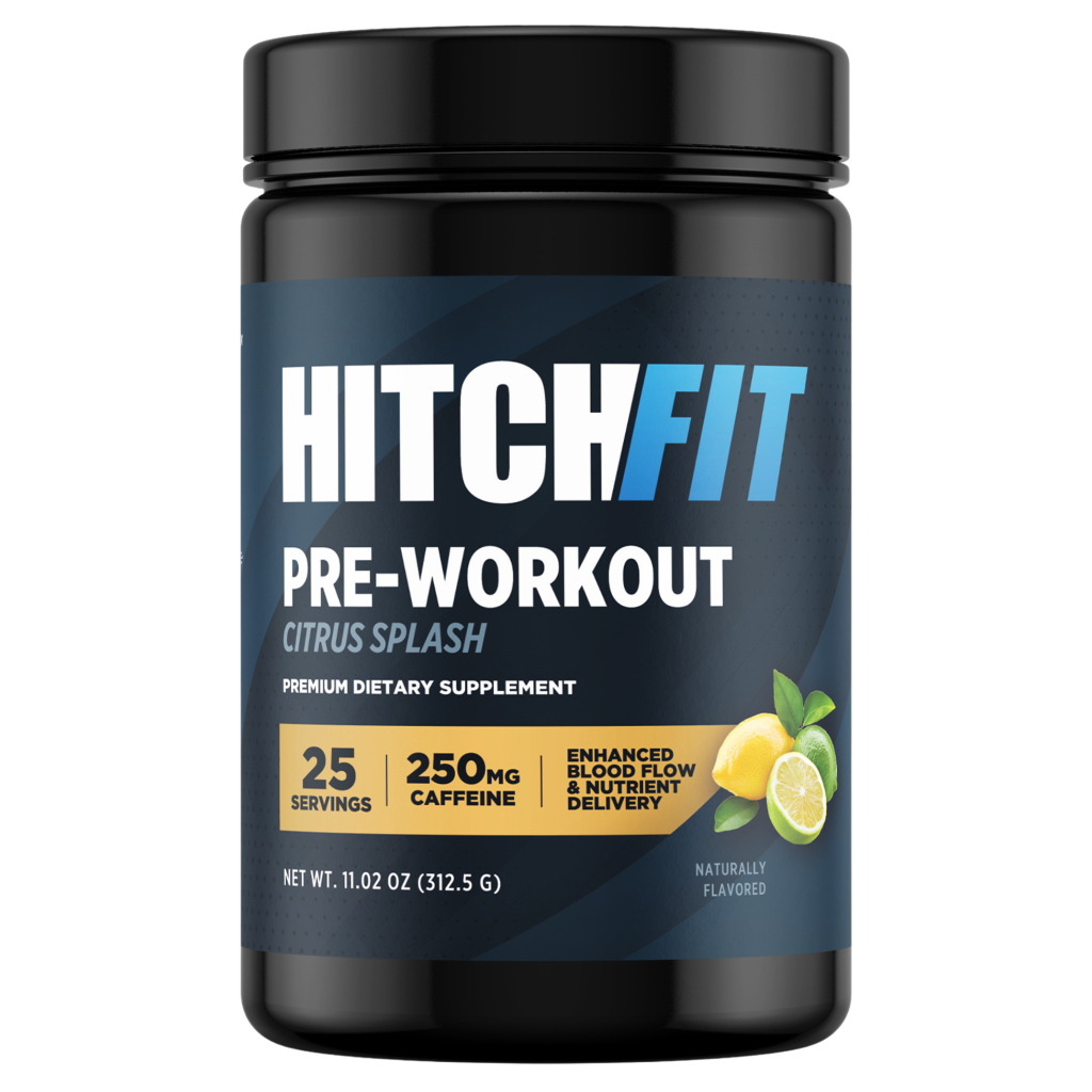 Front view of Hitch Fit Pre-Workout Supplement Powder in Citrus Splash flavor, highlighting 250mg caffeine for a sustained energy boost.