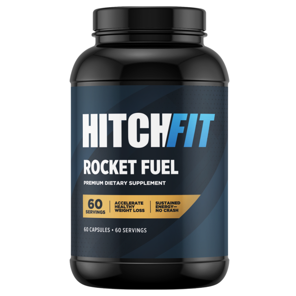 Front view of Hitch Fit Rocket Fuel bottle, a premium fat burner supplement and metabolism support formula for sustained energy without the crash.

