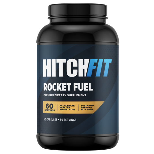 Front view of Hitch Fit Rocket Fuel bottle, a premium fat burner supplement and metabolism support formula for sustained energy without the crash.
