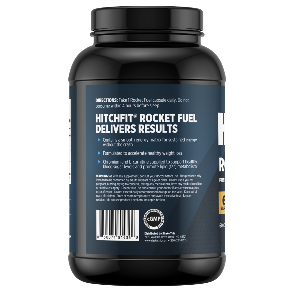 Back label of Hitch Fit Rocket Fuel weight loss supplements highlighting lipid metabolism support, accelerated weight loss, and sustained energy matrix.