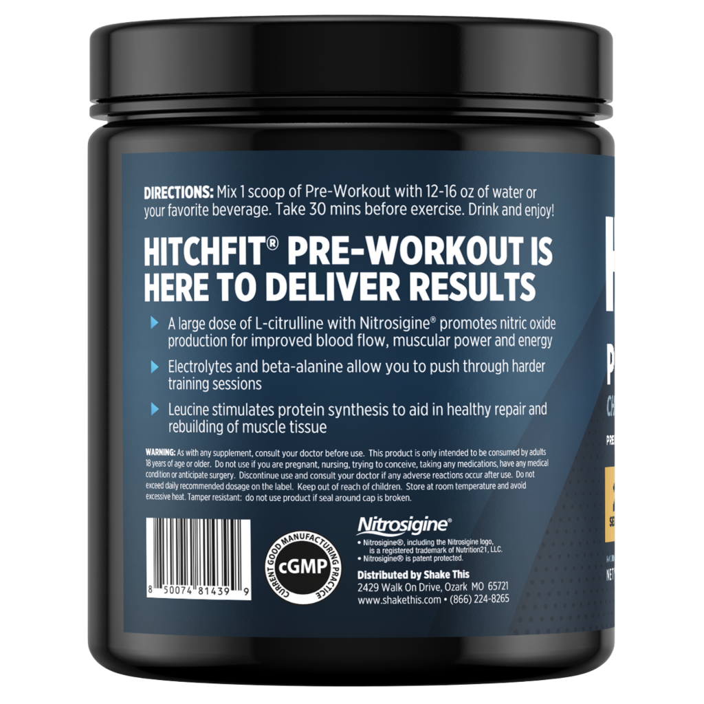 Back label of Hitch Fit caffeine-free pre-workout supplements describing benefits of Nitrosigine for improved blood flow, electrolytes for endurance, and muscle repair support.
