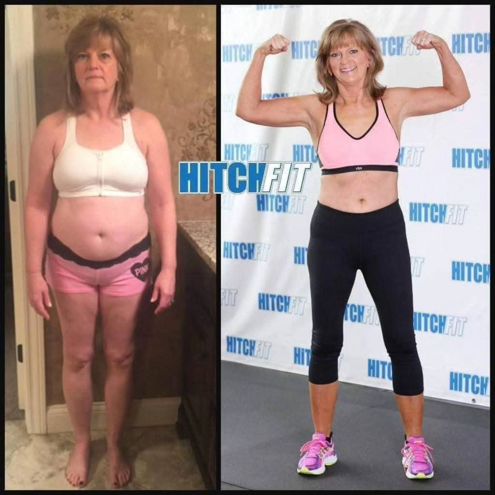 Female weight loss transformation before and after showing improved strength and fitness results supported by Hitch Fit Supplements training program