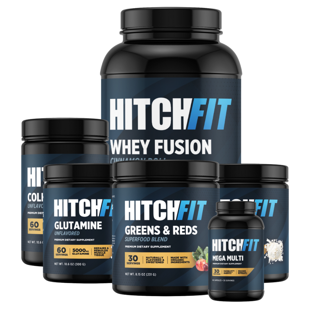 Hitch Fit Supplements women’s supplement stack including Whey Fusion protein, Glutamine, Greens & Reds superfood blend, Mega Multi vitamins, and Collagen powder.