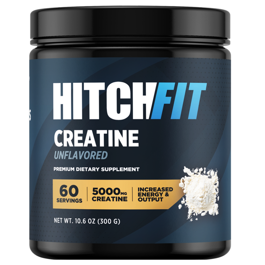 Front view of Hitch Fit Supplements Unflavored Creatine Monohydrate Powder tub displaying 5000mg dosage and 60 servings count.