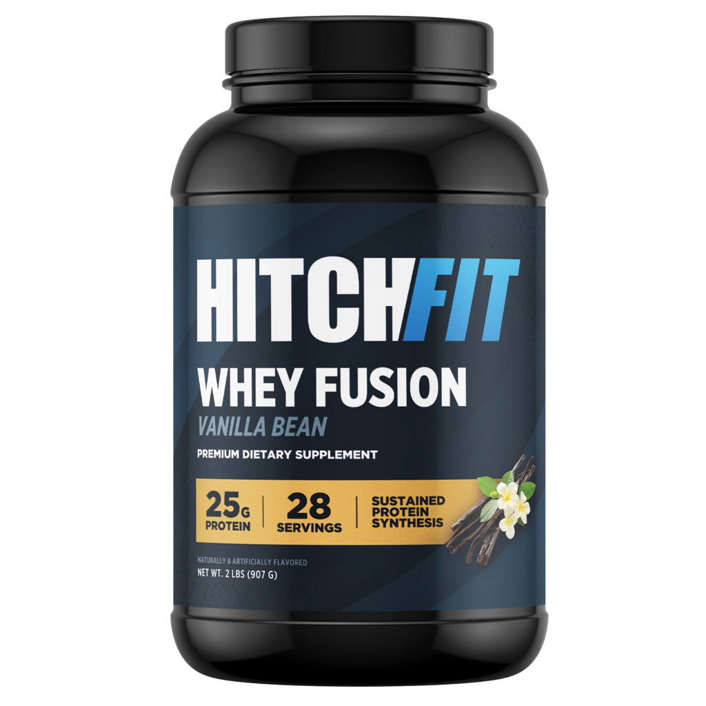 Hitch Fit Supplements Whey Fusion vanilla whey protein powder in Vanilla Bean flavor, displaying 28 servings count and 25g protein for muscle building.
