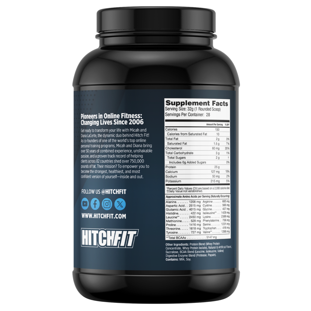  Nutrition facts label on Hitch Fit Supplements Whey Fusion protein powder bottle showing 25g protein per serving, 130 calories, and full amino acid profile.