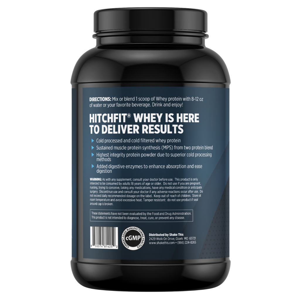  Hitch Fit Supplements Whey Fusion product label highlighting cold processed whey protein blend benefits, digestive enzymes for absorption, and muscle building properties.
