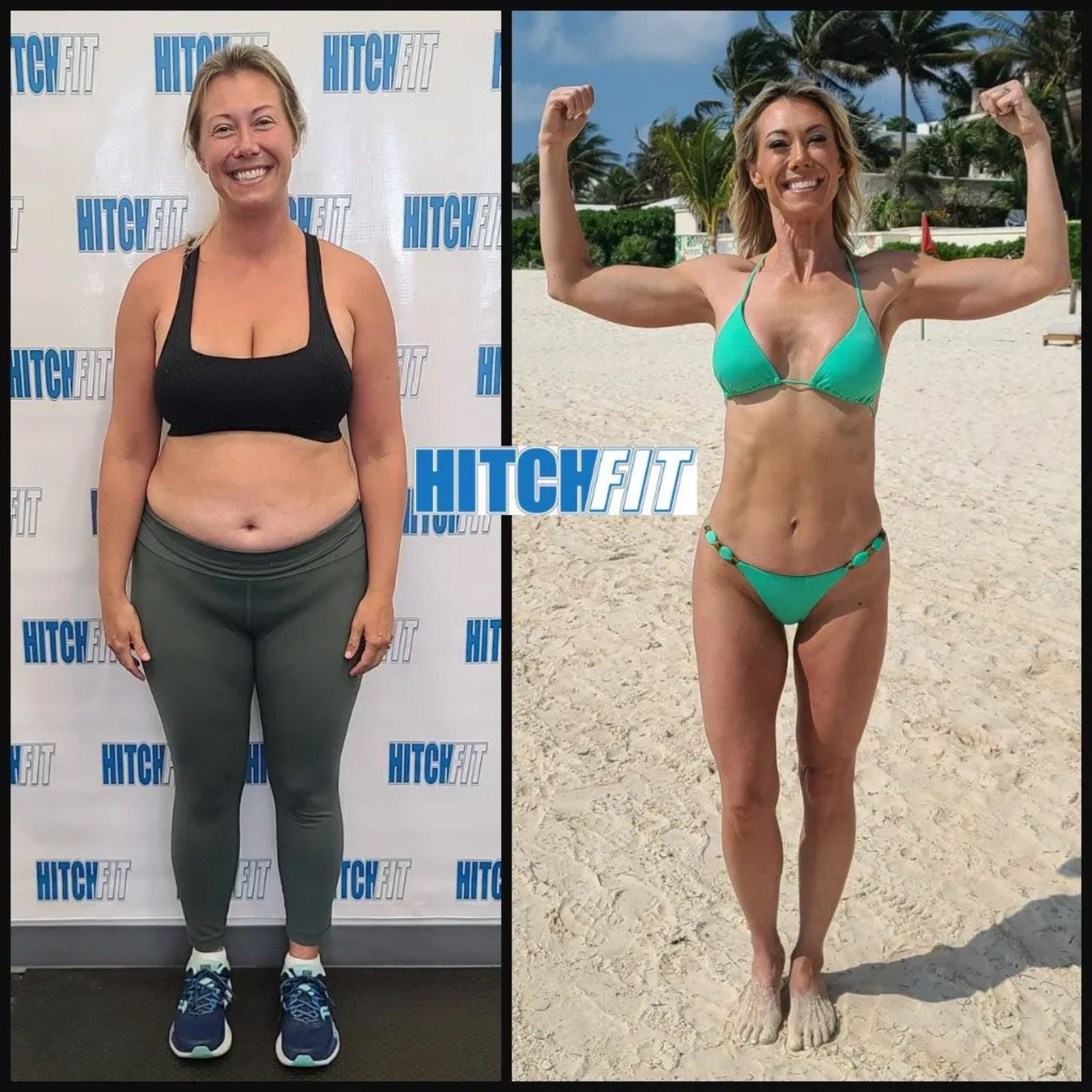 Woman fitness transformation before and after demonstrating strength and body composition improvement following Hitch Fit training program