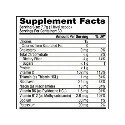 Supplement Facts label detailing nutritional information, including serving size (7.7g one level scoop), calories, vitamins, and minerals, for the daily super greens and reds powder supplement