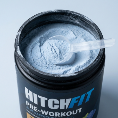 HitchFit no caffeine pre workout powder with scoop, stimulant free pre workout formula for energy and performance without caffeine