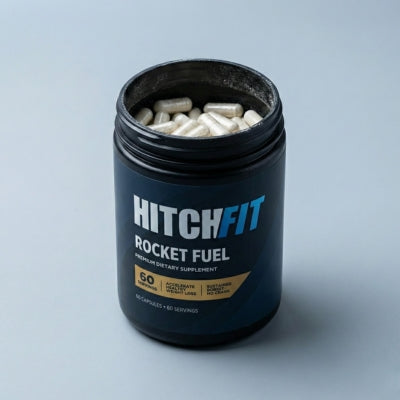 Open black bottle of HITCHFIT Rocket Fuel focus and energy capsules, a premium dietary supplement with 60 servings. The clean energy supplement is a natural energy booster designed as a daily energy supplement for focus and accelerated healthy weight loss, containing white capsules