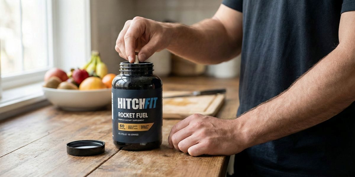 Man taking a Hitch Fit Rocket Fuel capsule, a natural energy booster supplement designed for daily focus and stamina