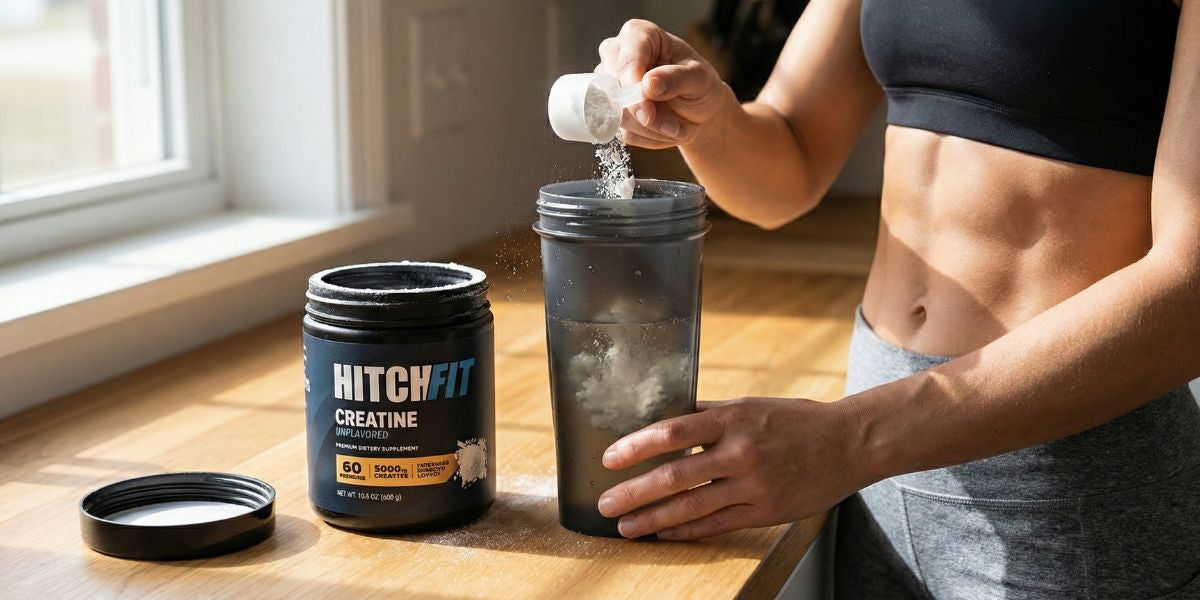 Fit woman pouring a scoop of Hitch Fit Supplements unflavored creatine monohydrate powder into a shaker bottle with water