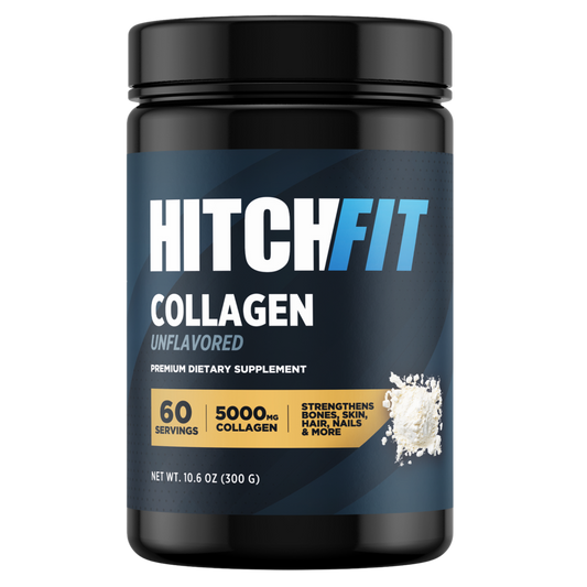 Front view of the black Hitch Fit Supplements Collagen tub, featuring the "Unflavored" and "5000mg Collagen" labels, highlighting it as a premium dietary supplement for strengthening bones, skin, hair, and nails.