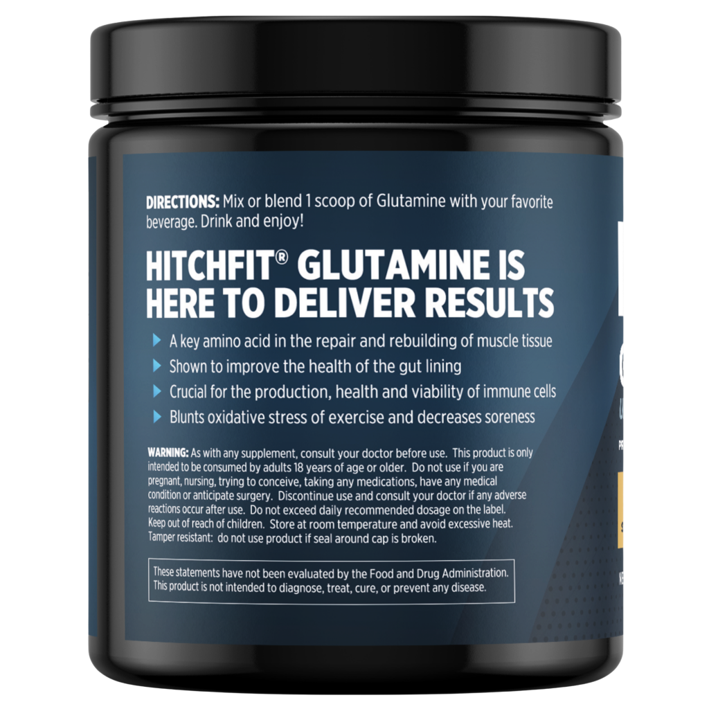 Back label of L Glutamine Amino Acid Powder supplements listing benefits for gut lining health, immune cell viability, and decreased muscle soreness.